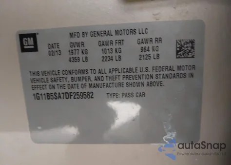 2013 Chevrolet Malibu 1Ls z USA, uszkodzony, nr VIN 1G11B5SA7DF259582